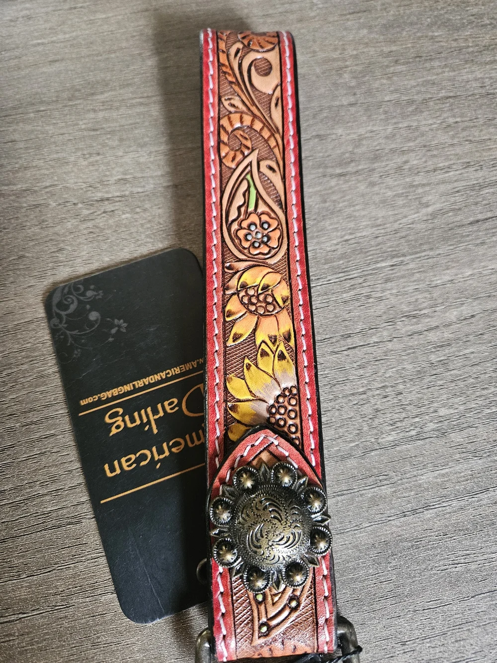 American Darling Red-Trim Tooled Leather Key Fob Wristlet with Concho-NWT